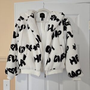Forever 21 Black And White Women's Faux Fur Hello Graphic Bomber Hooded Jacket